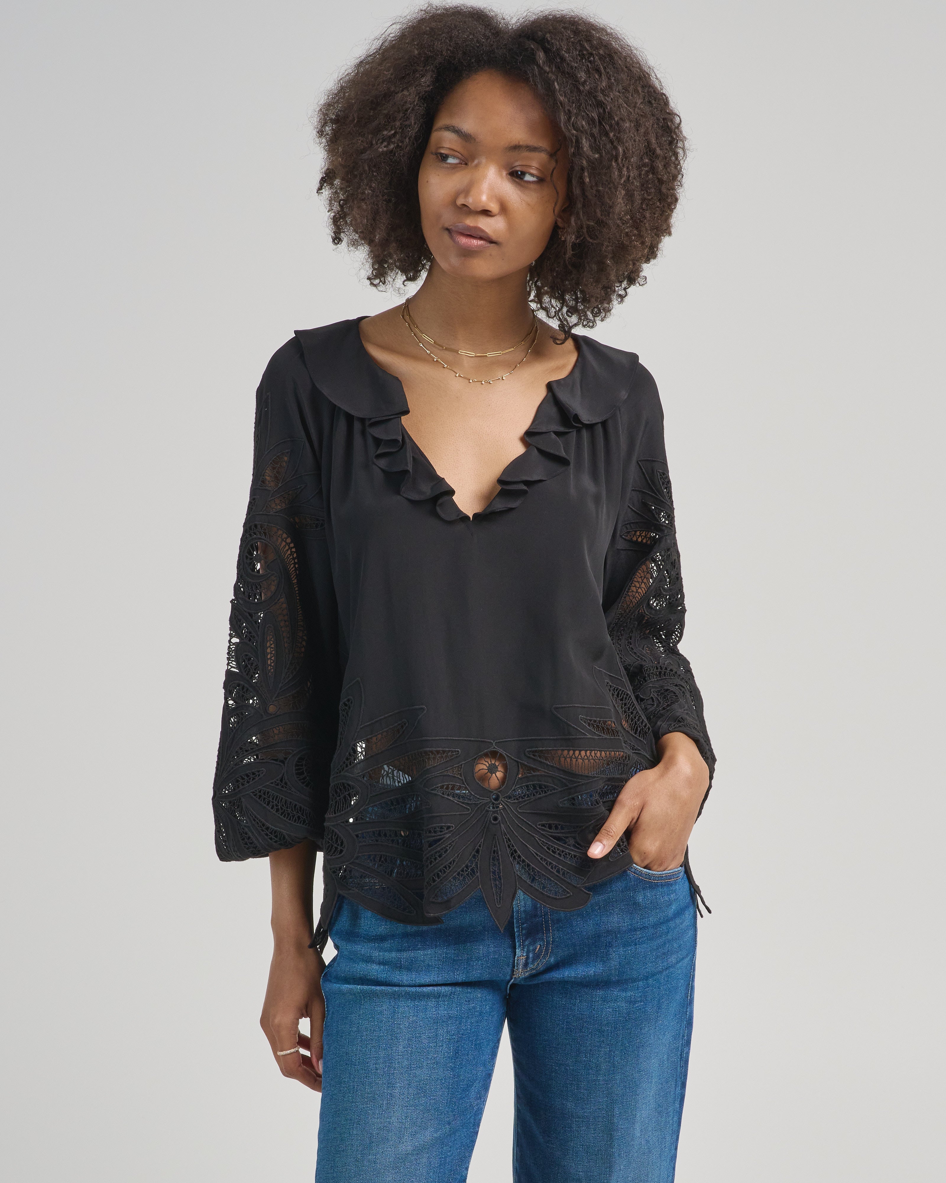 Ulla Johnson Adonis Long Sleeve Silk Applique Blouse Noir
