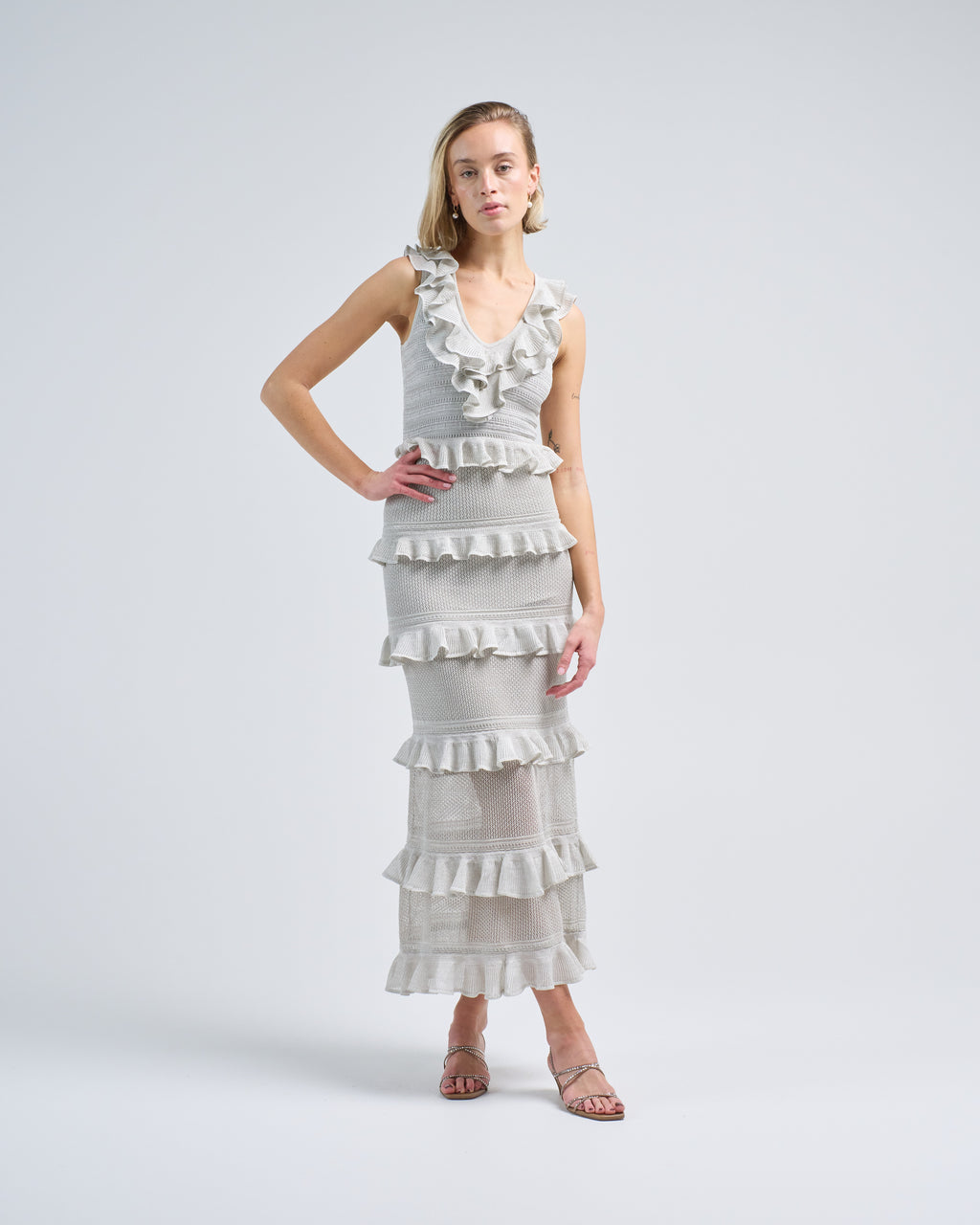 Zimmermann Crush Frilled V-Neck Midi Silver