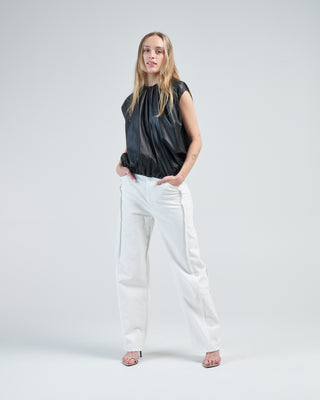 feather weight leather shirred neck circular top