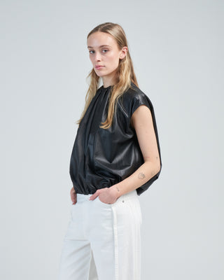 feather weight leather shirred neck circular top
