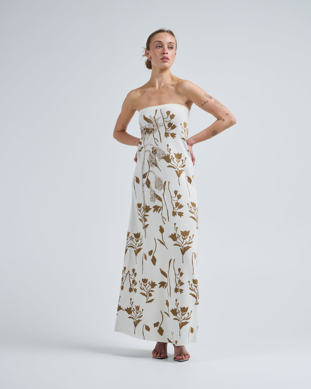 Lela Rose Floral Jacquard Knit Beaded Strapless Dress Cream/Camel Lela Rose Floral Jacquard Knit Beaded Strapless Dress Cream/Camel