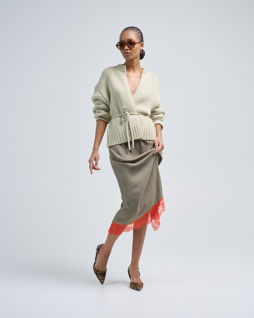 Tibi Lace Applique Slip Skirt Olive/Red Multi