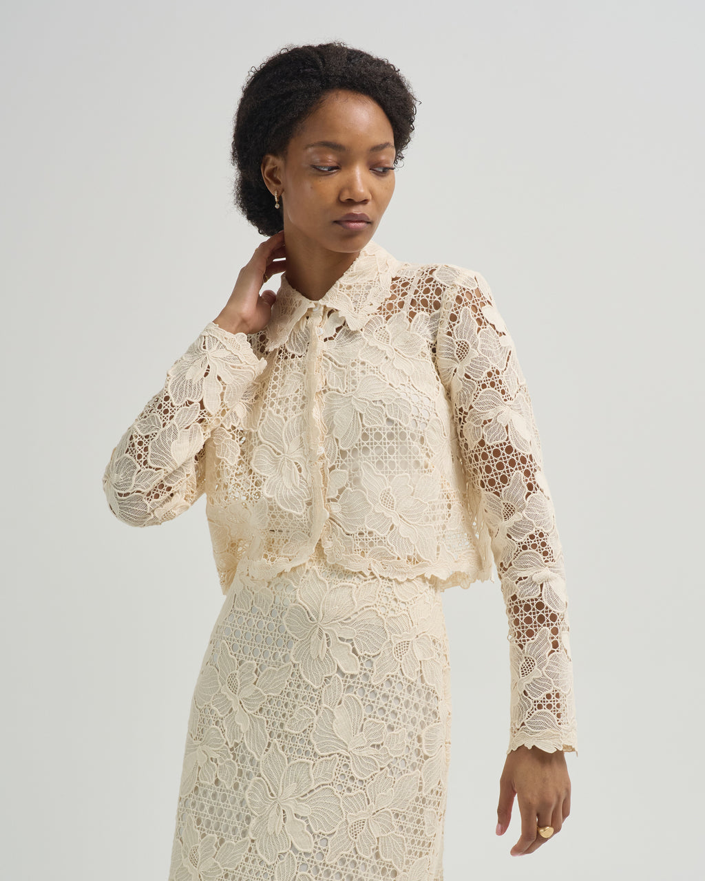 Lela Rose Lattice Guipure Lace Jacket Cream