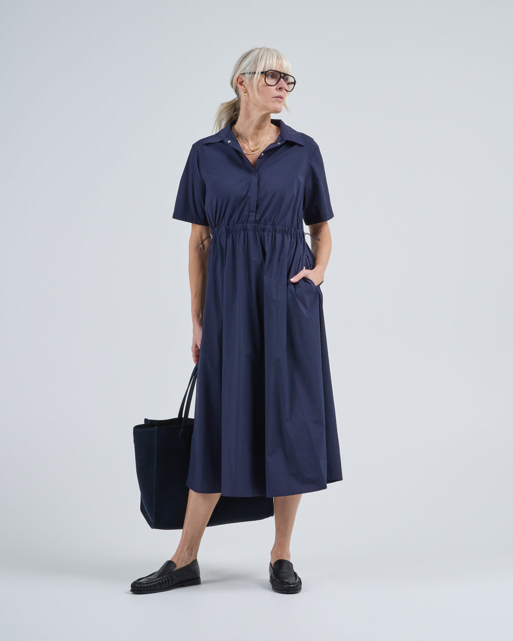 Herno Light Nylon Stretch Short Sleeve Long Dress 9201 Navy
