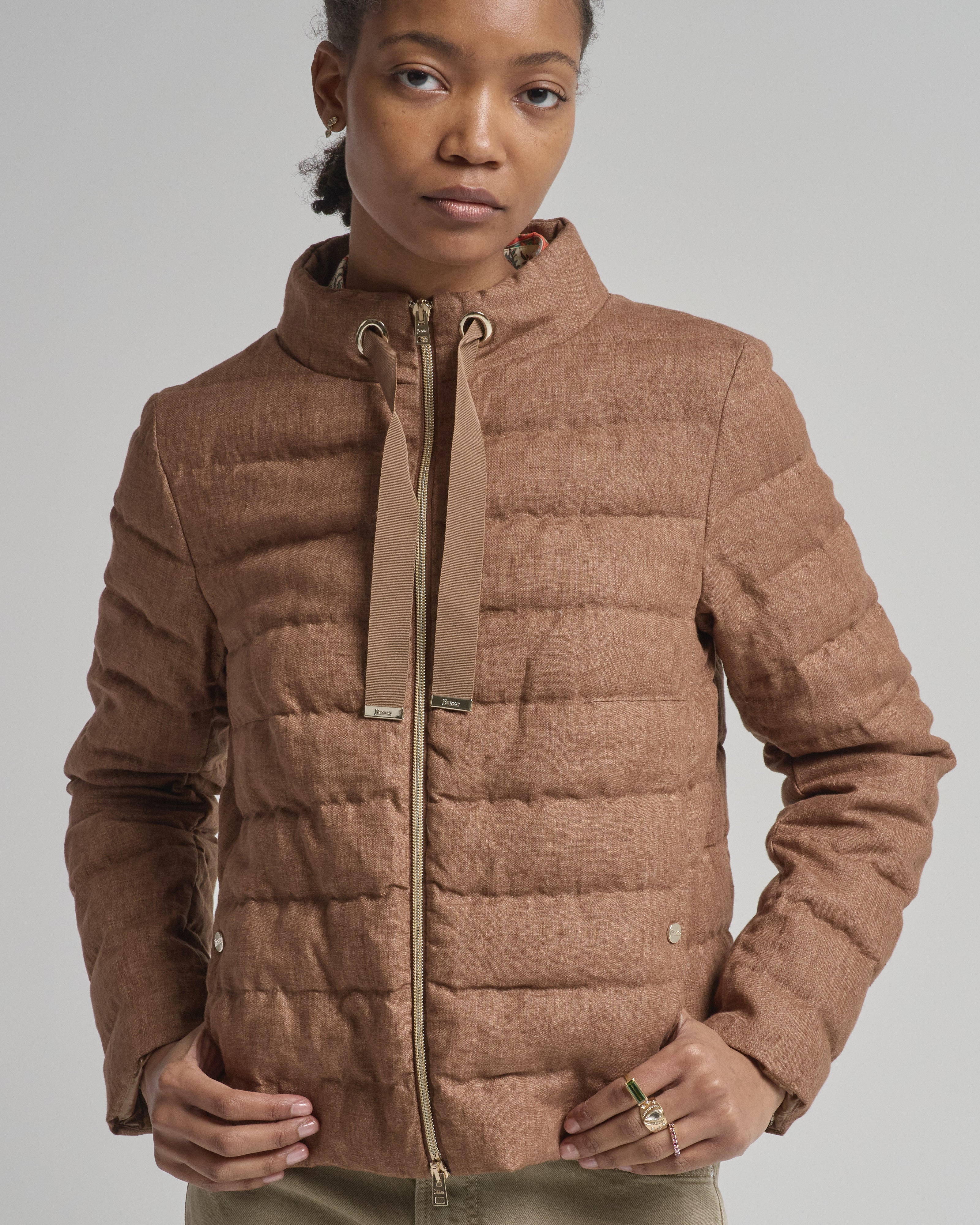 Herno New Linen Quilted Short Jacket With Tie Detail 2240 Tobacco