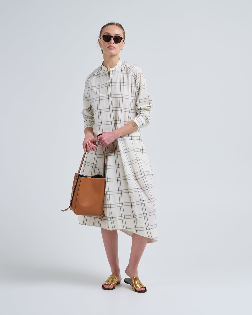 Tibi Russel Plaid Balloon Dress Ivory/Black Multi