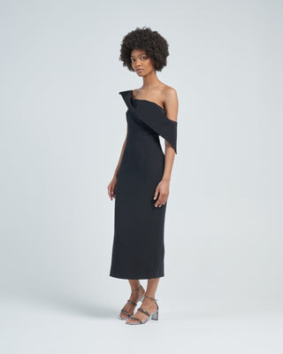 asymmetric wool silk midi dress black