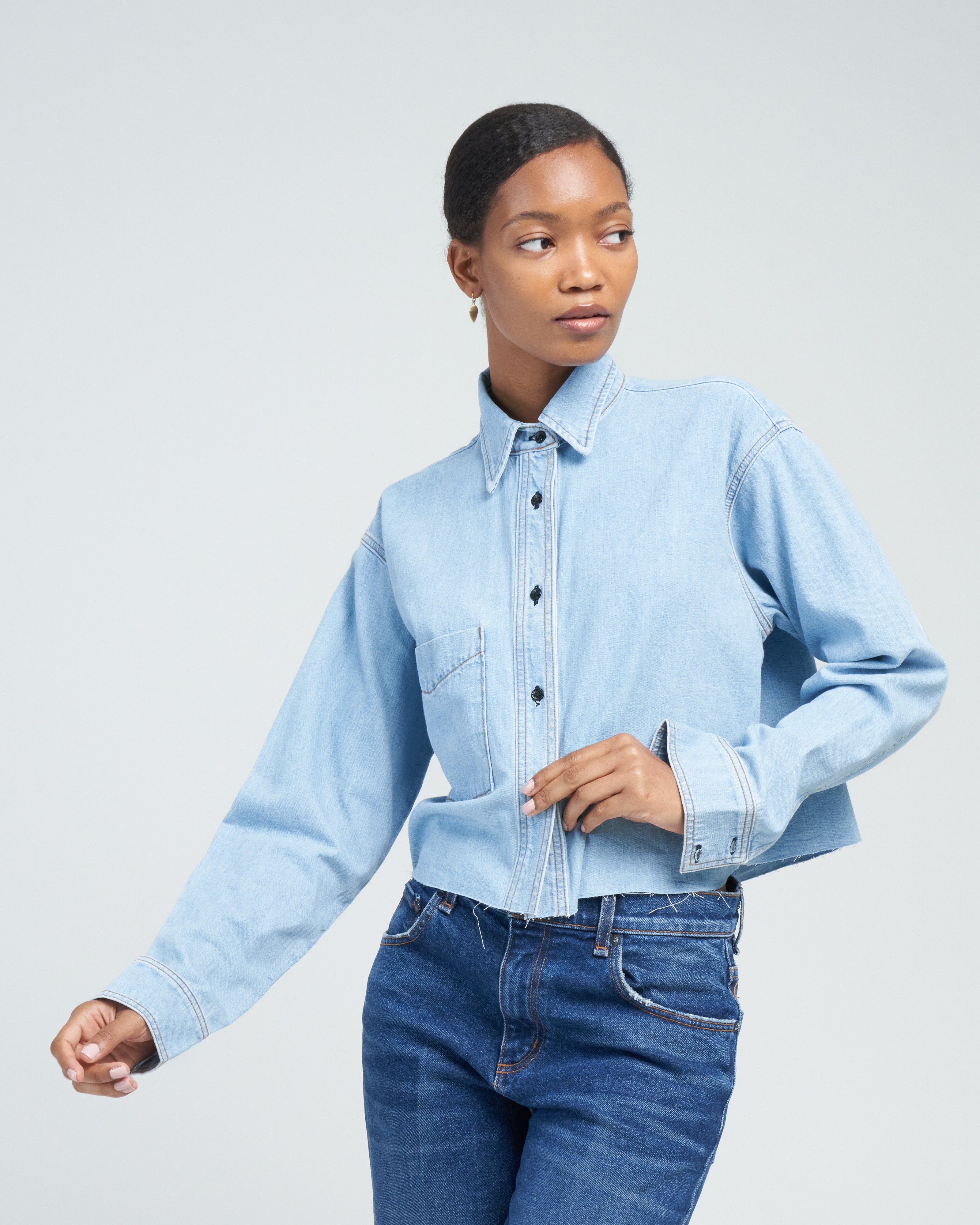 トップス ASKYY DENIM SHIRT トップス ASKYY DENIM SHIRT Frame Hi-Low Long-Sleeve Denim Shirt