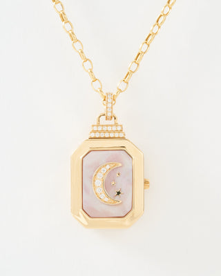 la luna locket with crescent moon - pink opal