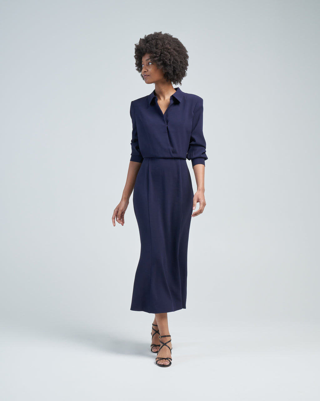 navy long sleeve midi dress Roland Mouret Long Sleeve Collar Satin Crepe Midi Dress Navy Navy