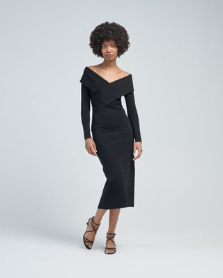 long sleeve flat knit midi dress black