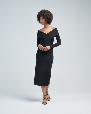 long sleeve flat knit midi dress black
