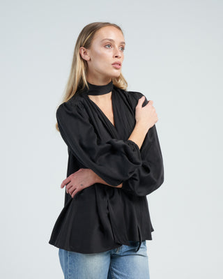silk billow blouse - black
