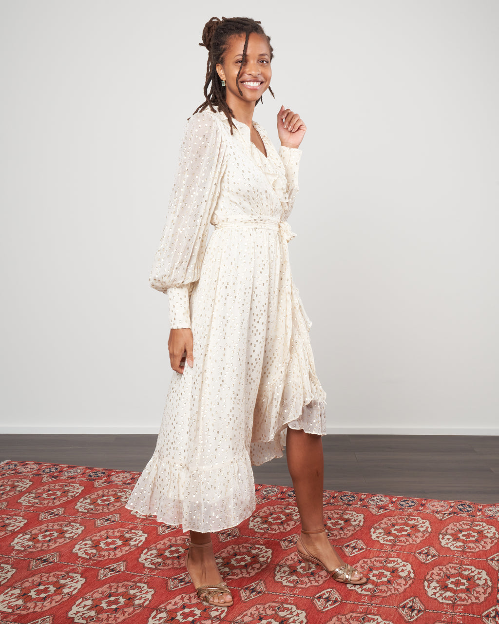 Zimmermann Lurex Wrap Midi Dress Cream/Gold Crmgld Zimmermann Lurex Wrap Midi Dress Cream/Gold Crmgld