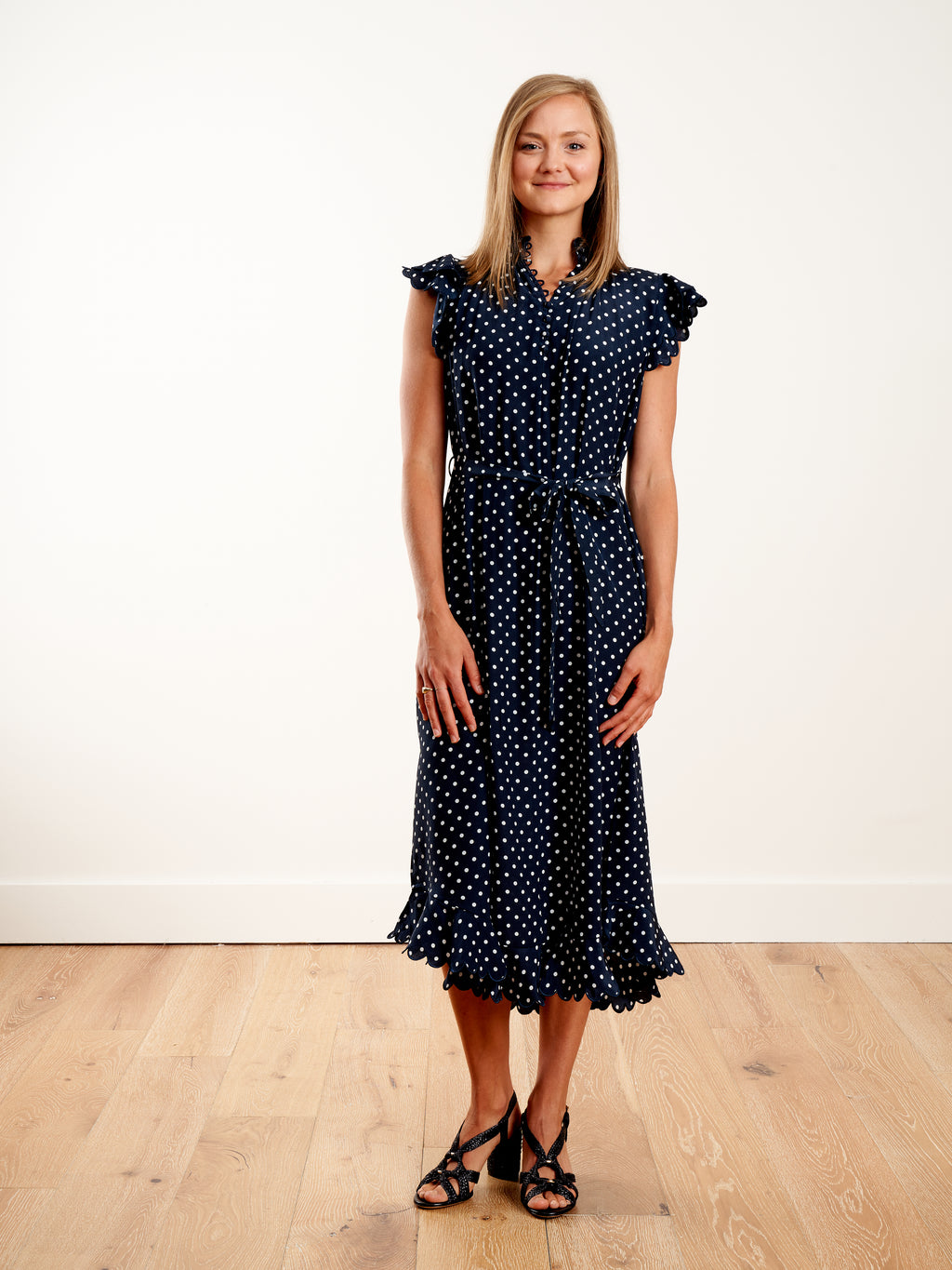 Zimmermann Silk Scallop Sleeveless Midi Navy/Pearl Dot