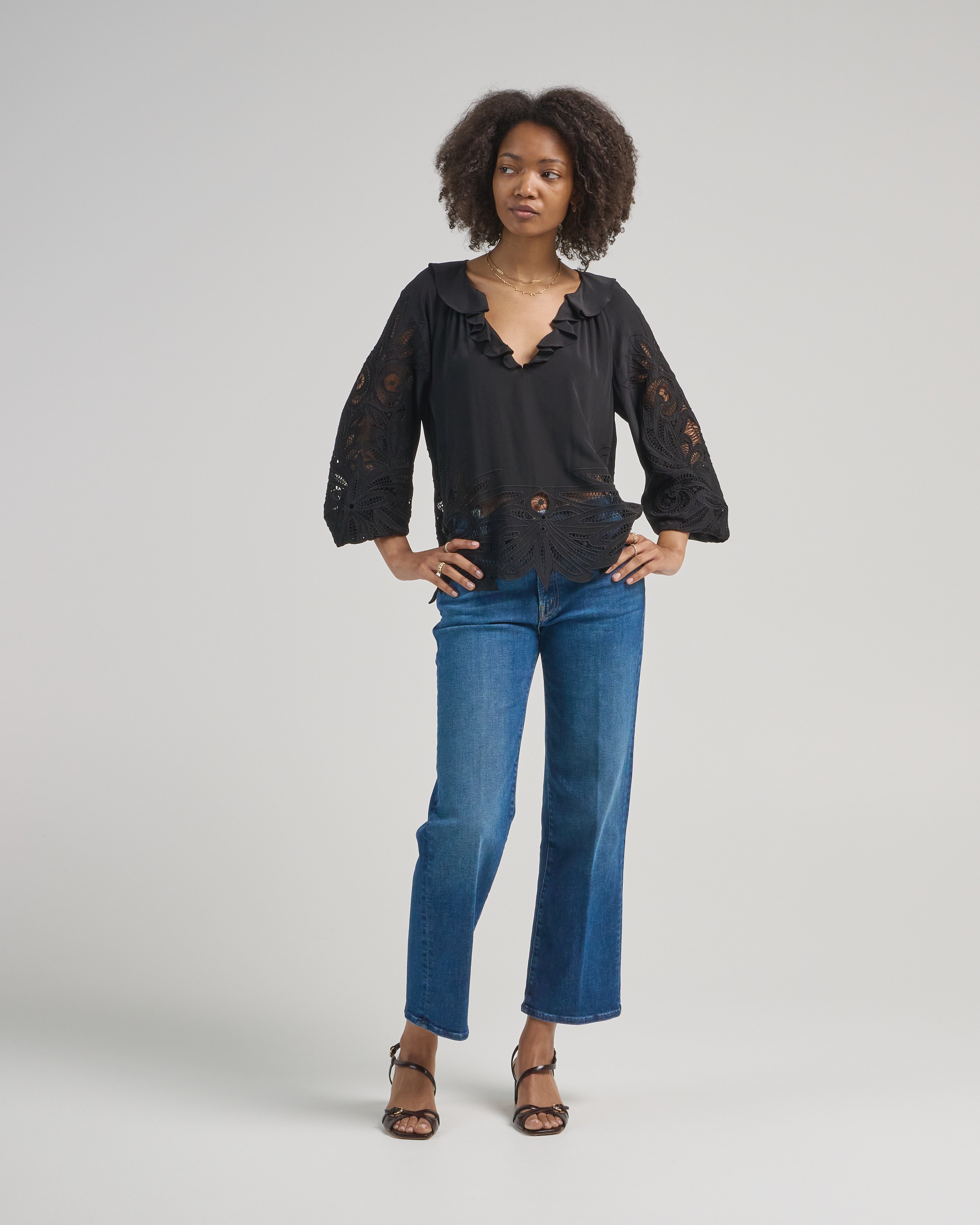 Ulla Johnson Adonis Long Sleeve Silk Applique Blouse Noir