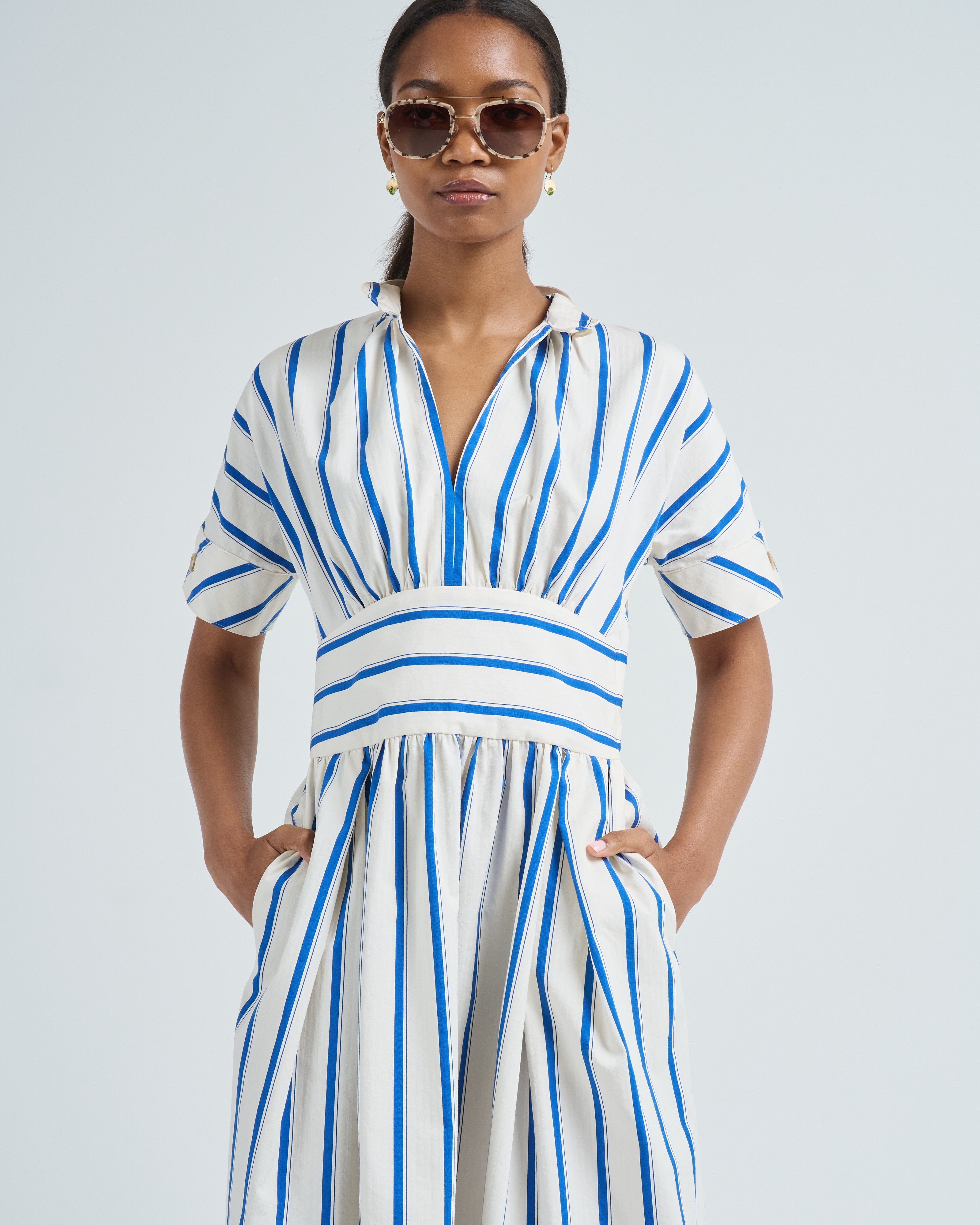 rosie assoulin shirt dress Rosie Assoulin Women's Gathered Ruffle Shirt Dress, Blue/Green Stripe, Cotton | Size: 2