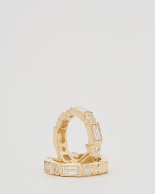 baguette and round bezel huggie hoops
