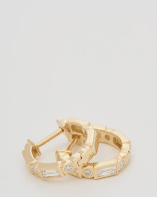 baguette and round bezel huggie hoops