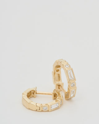 baguette and round bezel huggie hoops