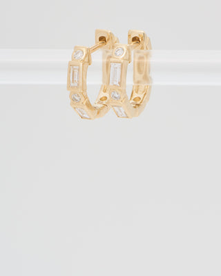 baguette and round bezel huggie hoops