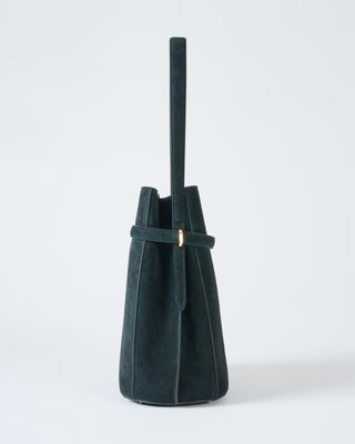 belted suede bucket bag