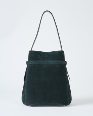 belted suede bucket bag