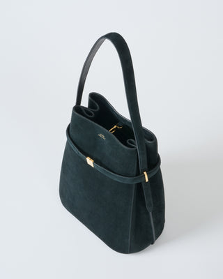 belted suede bucket bag