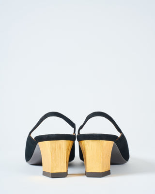 black suede gold heel sling back