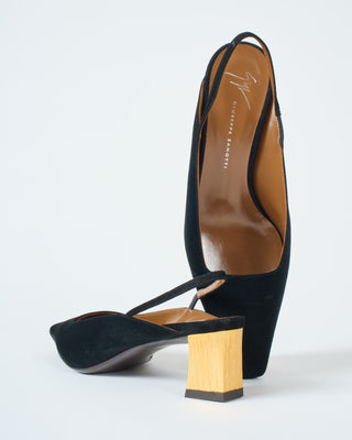 black suede gold heel sling back