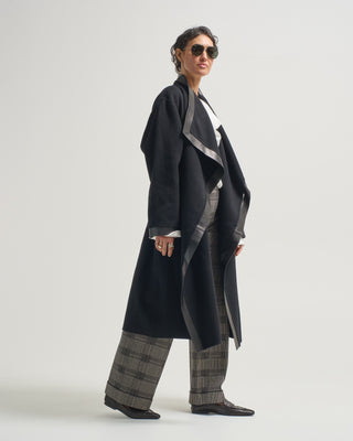 cascade collar wrap coat with leather trim
