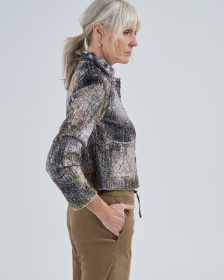 cherry bloom print round neck jacket with scratched effect and lamination