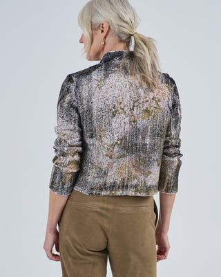 cherry bloom print round neck jacket with scratched effect and lamination