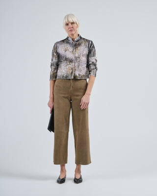 cherry bloom print round neck jacket with scratched effect and lamination