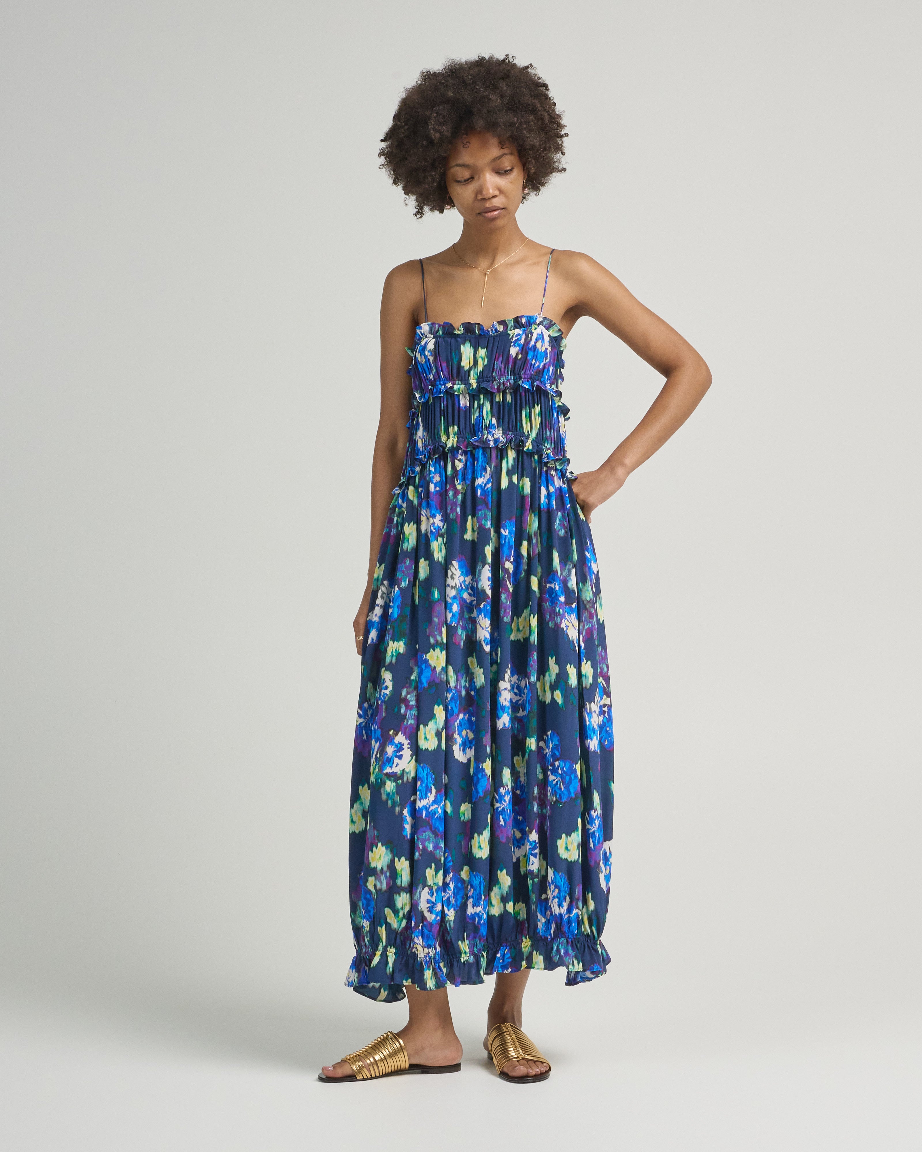 ulla johnson long dress Ida Ruched Turtleneck Dress - Water Blossoms Blue Floral Print Fitted Maxi  Dress