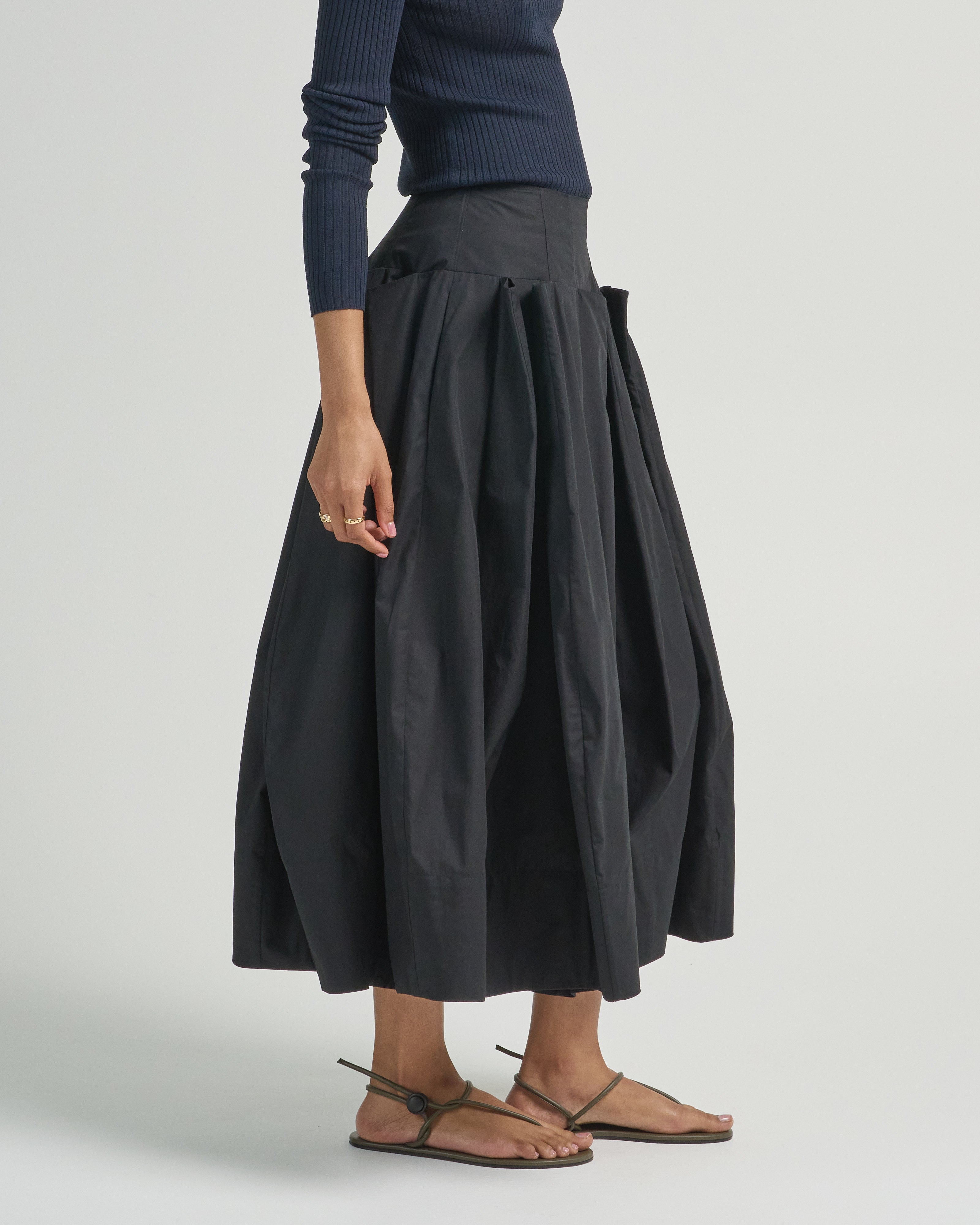 Tibi Compact Eco Poplin Pinched Pleat Full Skirt Black