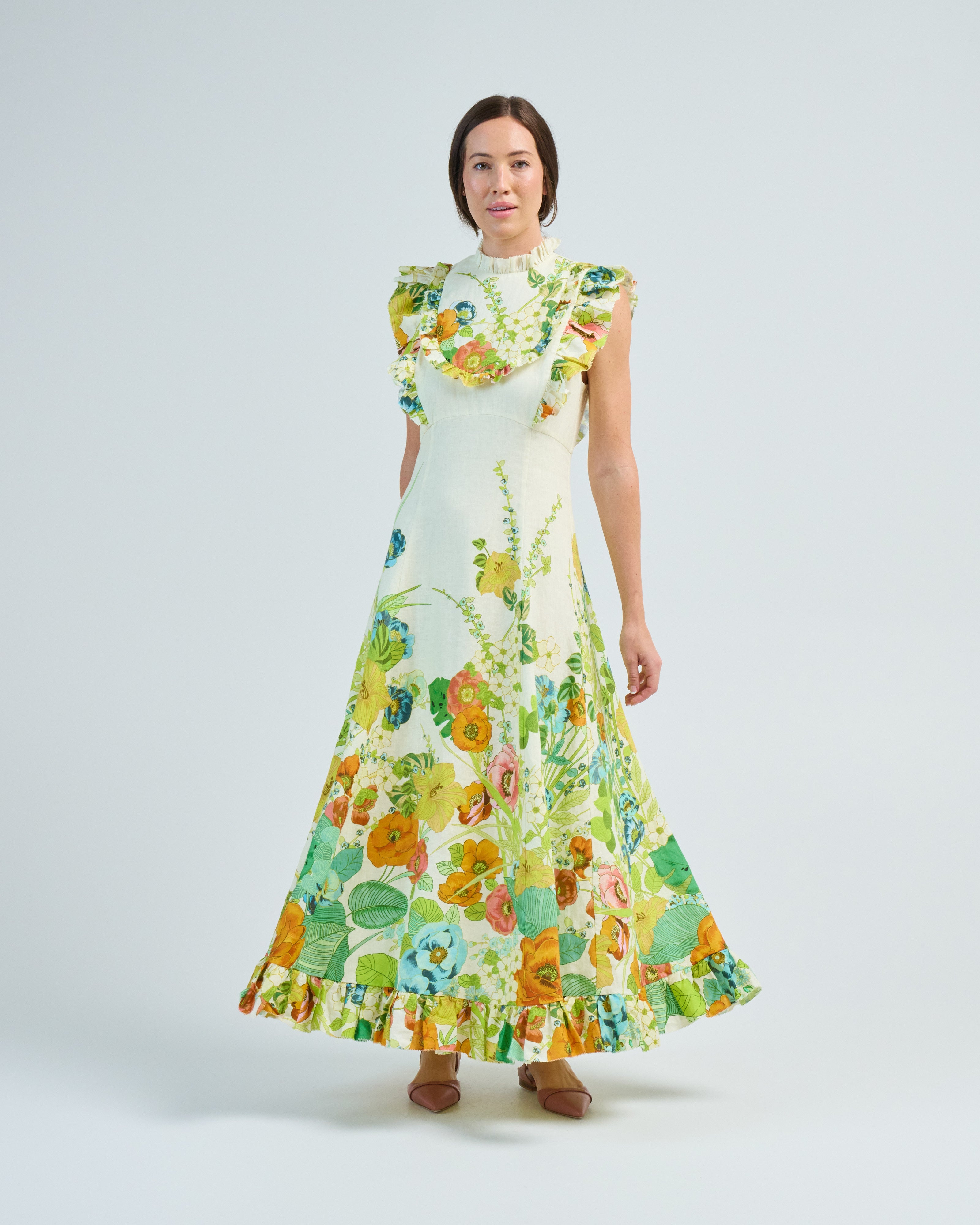 alemais constance midi dress ALEMAIS Constance Floral Linen Stand-Collar Midi Shirtdress