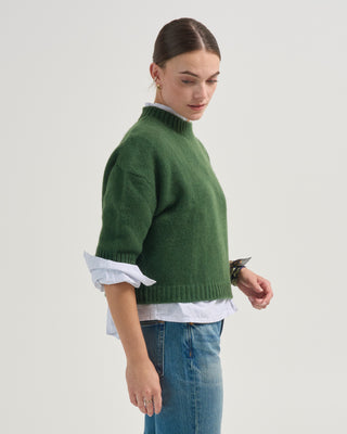 cropped elbow sleeve crewneck sweater