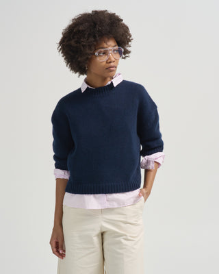 cropped elbow sleeve crewneck sweater