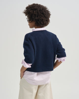 cropped elbow sleeve crewneck sweater