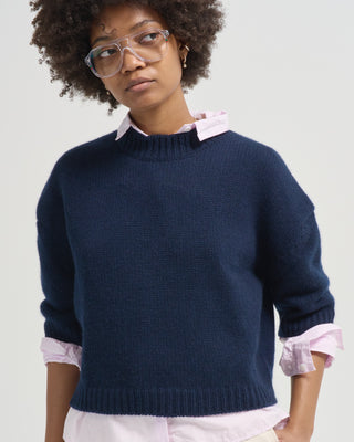 cropped elbow sleeve crewneck sweater