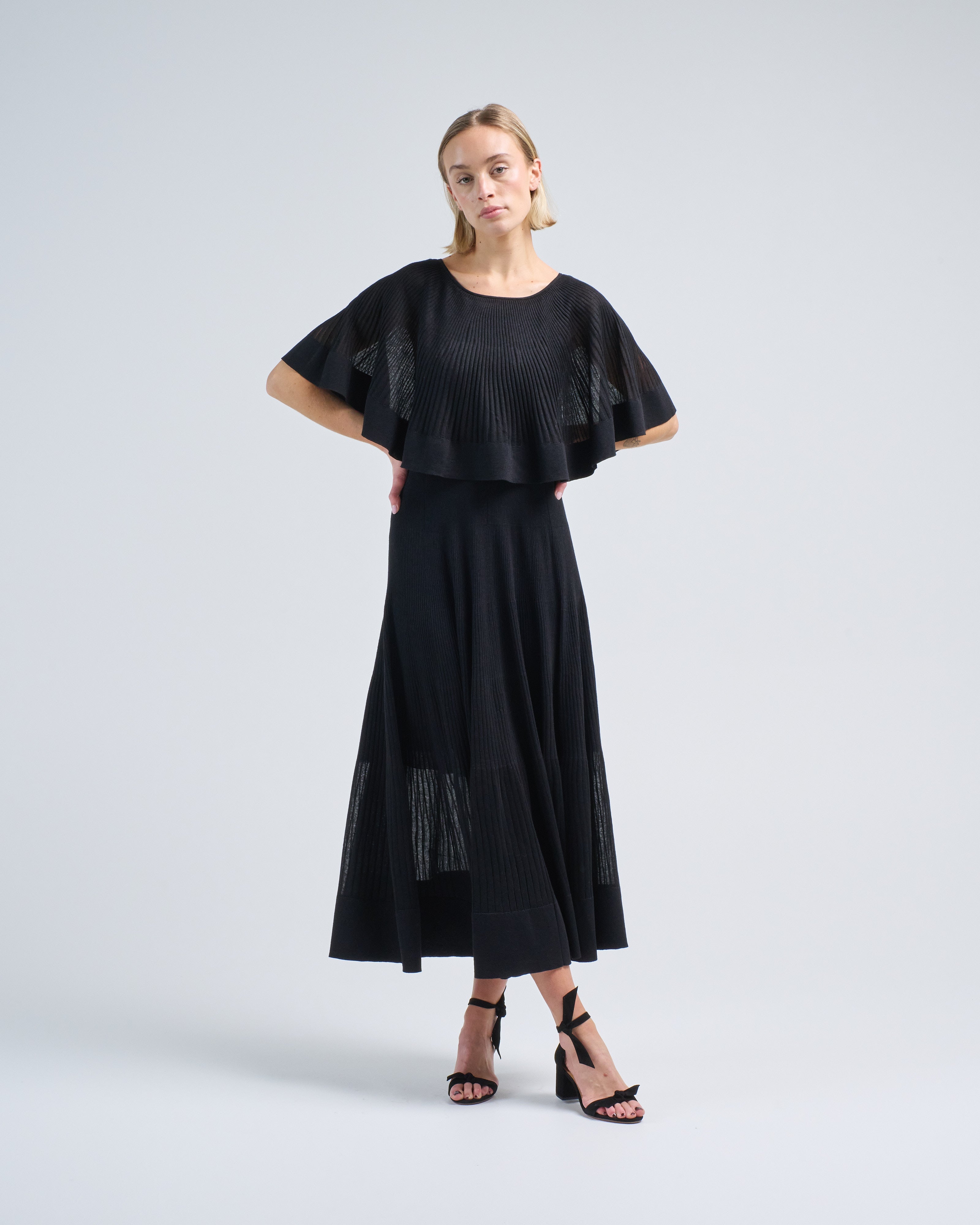 black pleated cape dress Black Pleated Cape Sleeve Dress