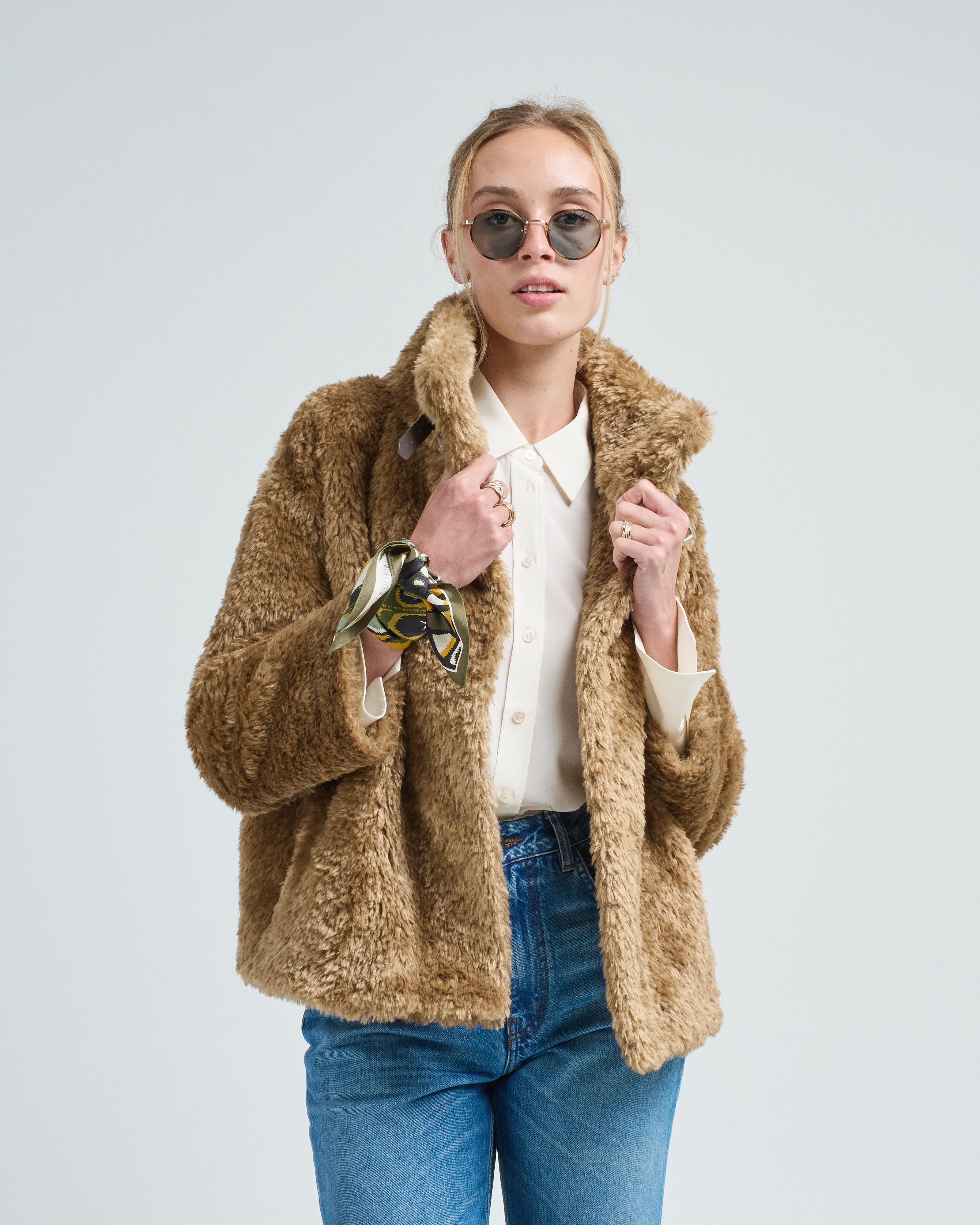 Herno Curly Faux Fur Jacket W/ High Collar 2000 Sand