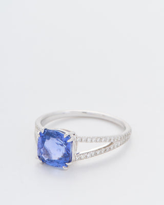 cushion cut sapphire split shank solitaire