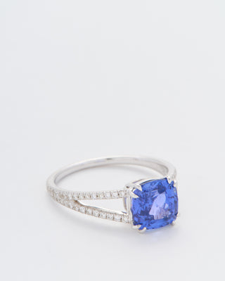 cushion cut sapphire split shank solitaire