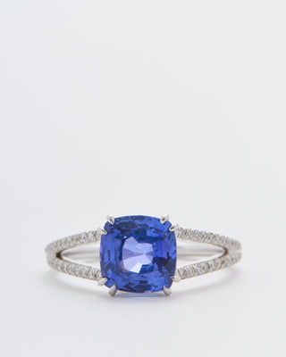 cushion cut sapphire split shank solitaire
