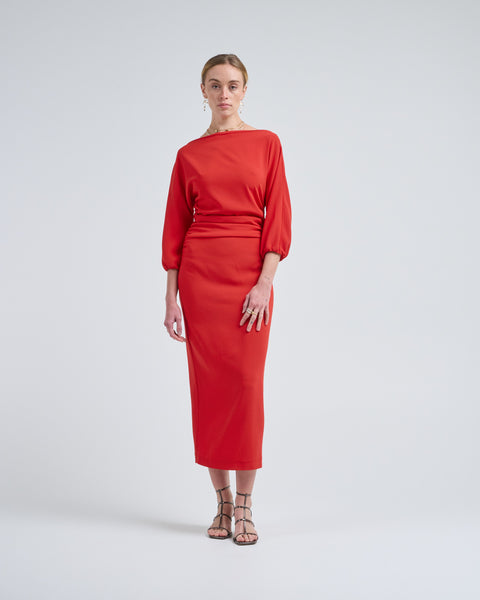bright red midi dress Bernadette Dress Ezra Bright Red