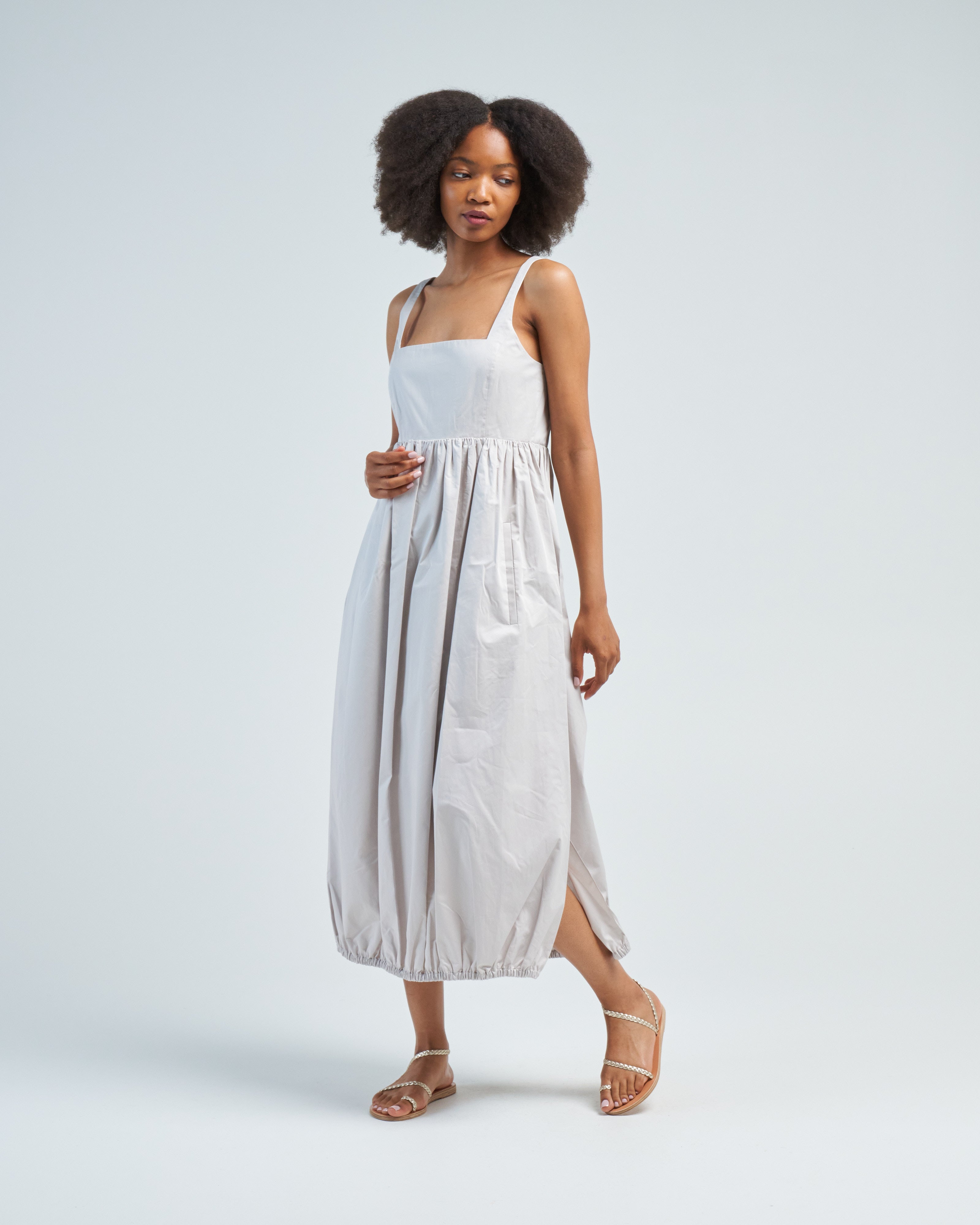 Tibi Eco Poplin Square Neck Sculpted Dress Stone