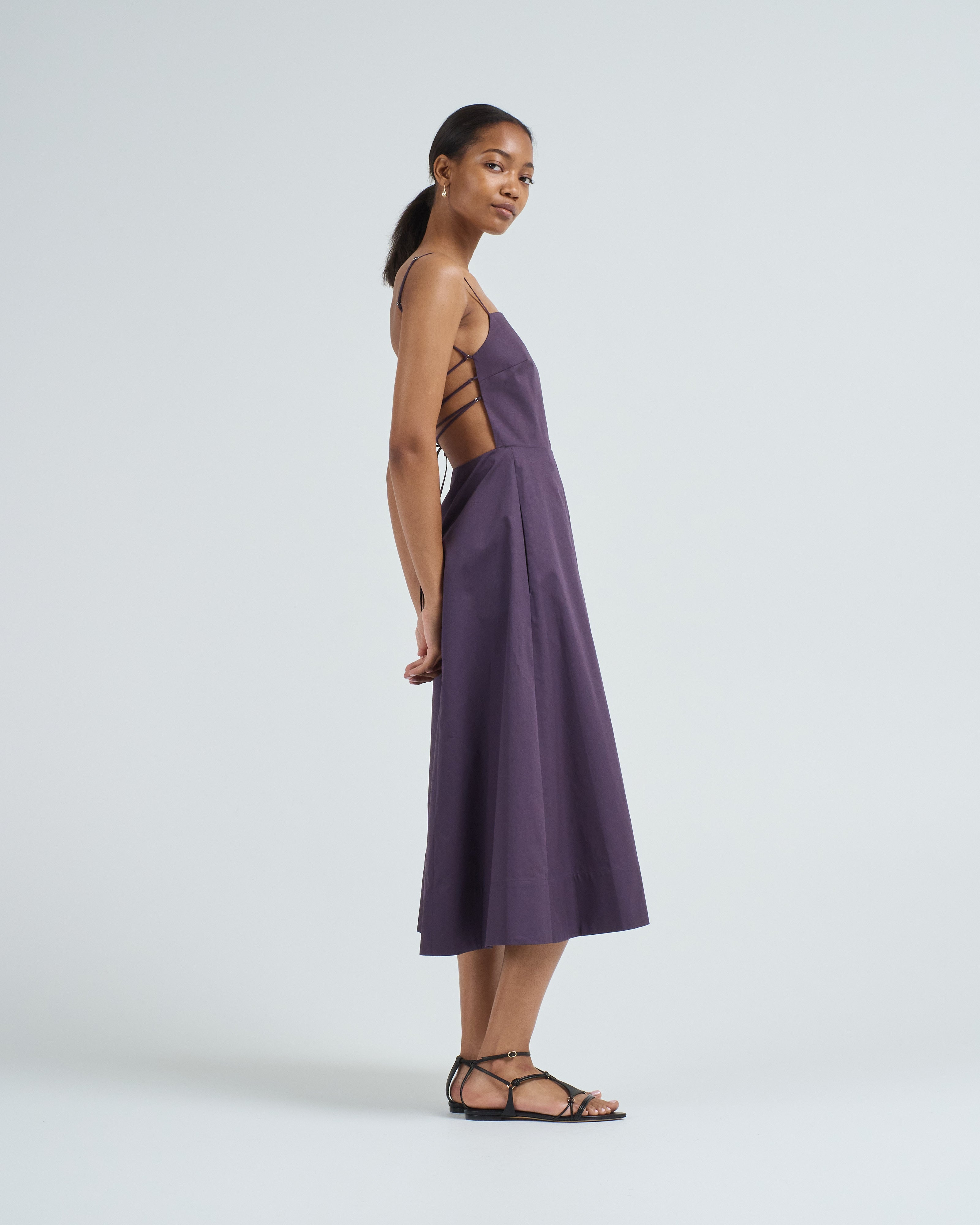 purple poplin dress Royal Purple Cotton Poplin A-Line Deep Neck Maxi Tier Dress 50" / Petite (5'1" and below)