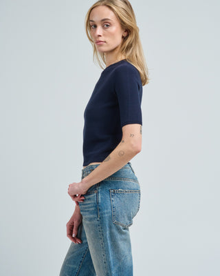elbow length crew neck fine knit top in cotton